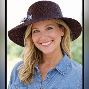 Ralph Lauren NWOT Stylish women Brown purple woven sunHat beach wide brim scarf